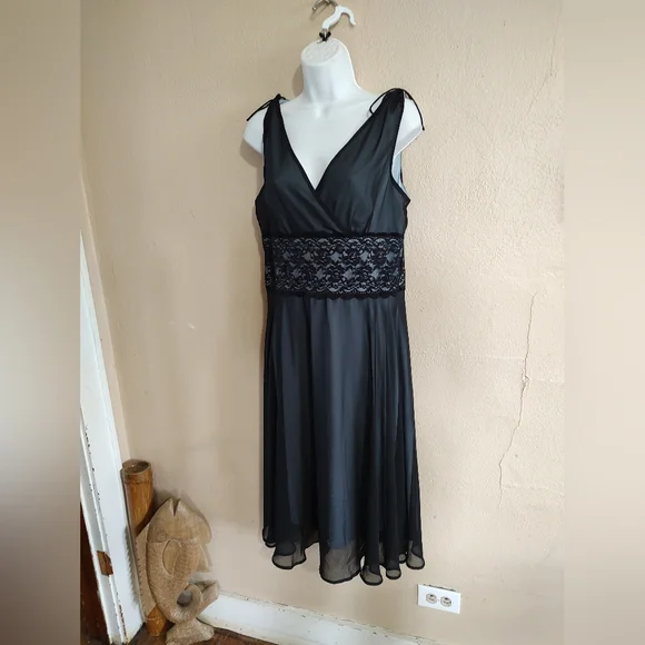 Iconic Vintage Y2K Black Chiffon Lace Formal Cocktail Slip Dress Size 12 Large - Picture 7 of 13